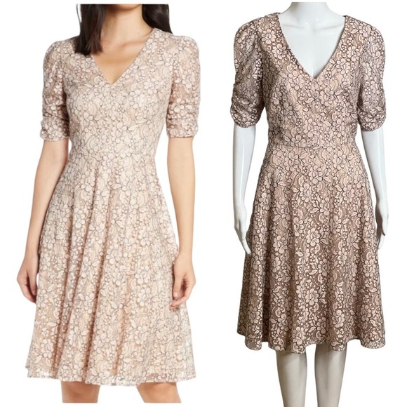 Eliza J Women's Dress Midi Fit Flare Puff Elbow sleeve Lace Jacquard Dress - Picture 1 of 13